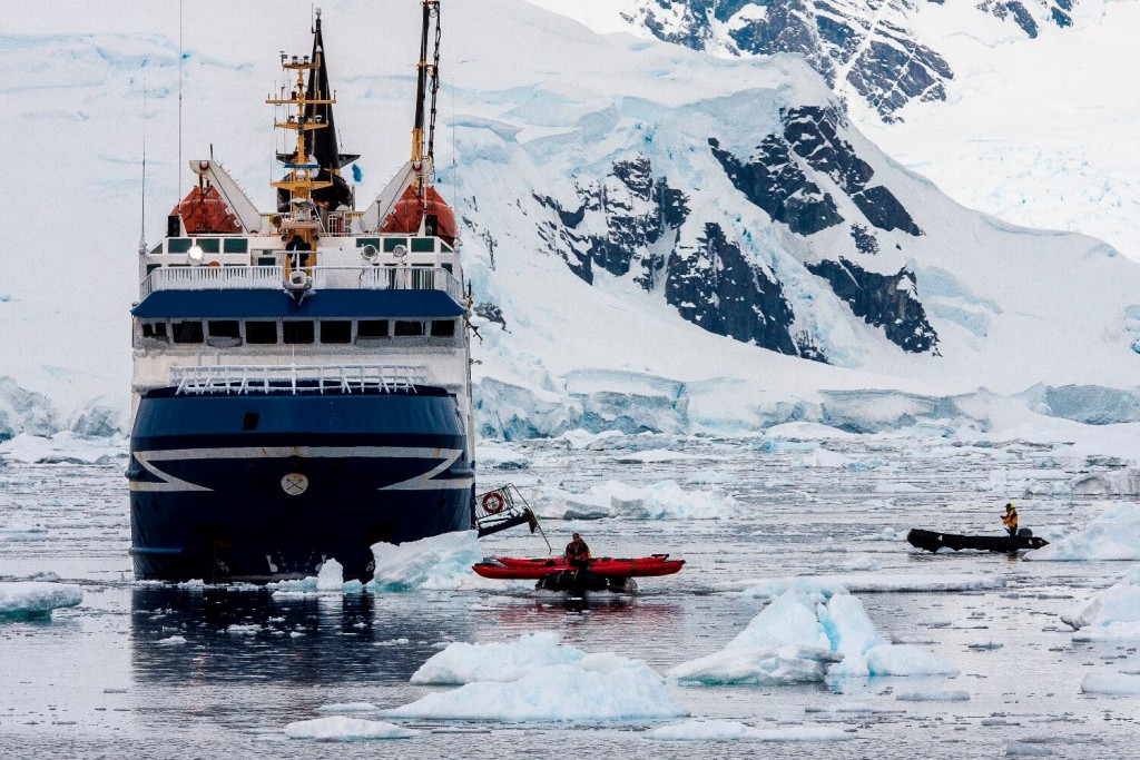 Zodiacs help to transport passengers to the shoreline.